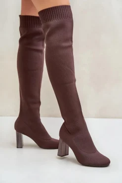 Hot Boto Kozaki Ze Skarpetkową Cholewką Za Kolano Na Słupku Brązowe Esanira Brązowy
