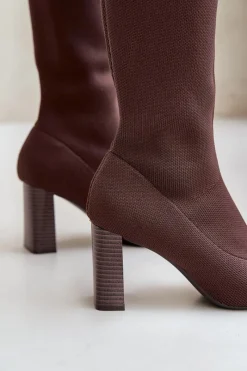 Hot Boto Kozaki Ze Skarpetkową Cholewką Za Kolano Na Słupku Brązowe Esanira Brązowy