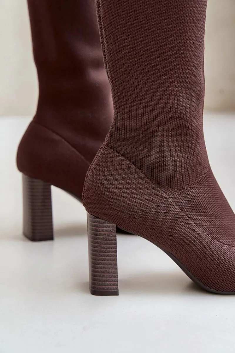 Hot Boto Kozaki Ze Skarpetkową Cholewką Za Kolano Na Słupku Brązowe Esanira Brązowy