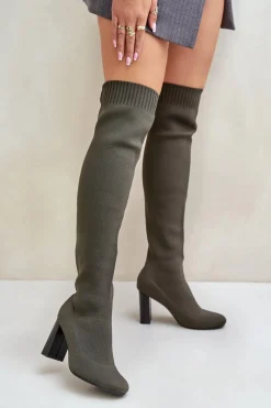 New Kozaki Ze Skarpetkową Cholewką Za Kolano Na Słupku Ciemnozielone Esanira Damskie Kozaki Ocieplane|Muszkieterki