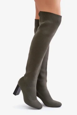 New Kozaki Ze Skarpetkową Cholewką Za Kolano Na Słupku Ciemnozielone Esanira Damskie Kozaki Ocieplane|Muszkieterki