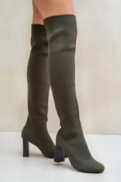 New Kozaki Ze Skarpetkową Cholewką Za Kolano Na Słupku Ciemnozielone Esanira Damskie Kozaki Ocieplane|Muszkieterki