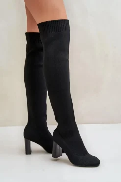 Kozaki Ocieplane|Muszkieterki>Boto Kozaki Ze Skarpetkową Cholewką Za Kolano Na Słupku Czarne Esanira Czarny