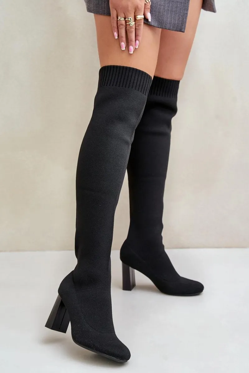 Kozaki Ocieplane|Muszkieterki>Boto Kozaki Ze Skarpetkową Cholewką Za Kolano Na Słupku Czarne Esanira Czarny