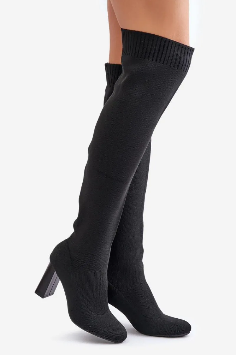 Kozaki Ocieplane|Muszkieterki>Boto Kozaki Ze Skarpetkową Cholewką Za Kolano Na Słupku Czarne Esanira Czarny