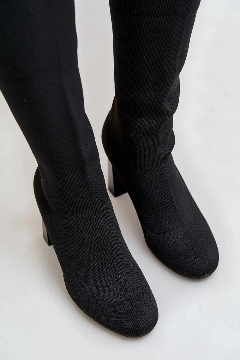 Kozaki Ocieplane|Muszkieterki>Boto Kozaki Ze Skarpetkową Cholewką Za Kolano Na Słupku Czarne Esanira Czarny