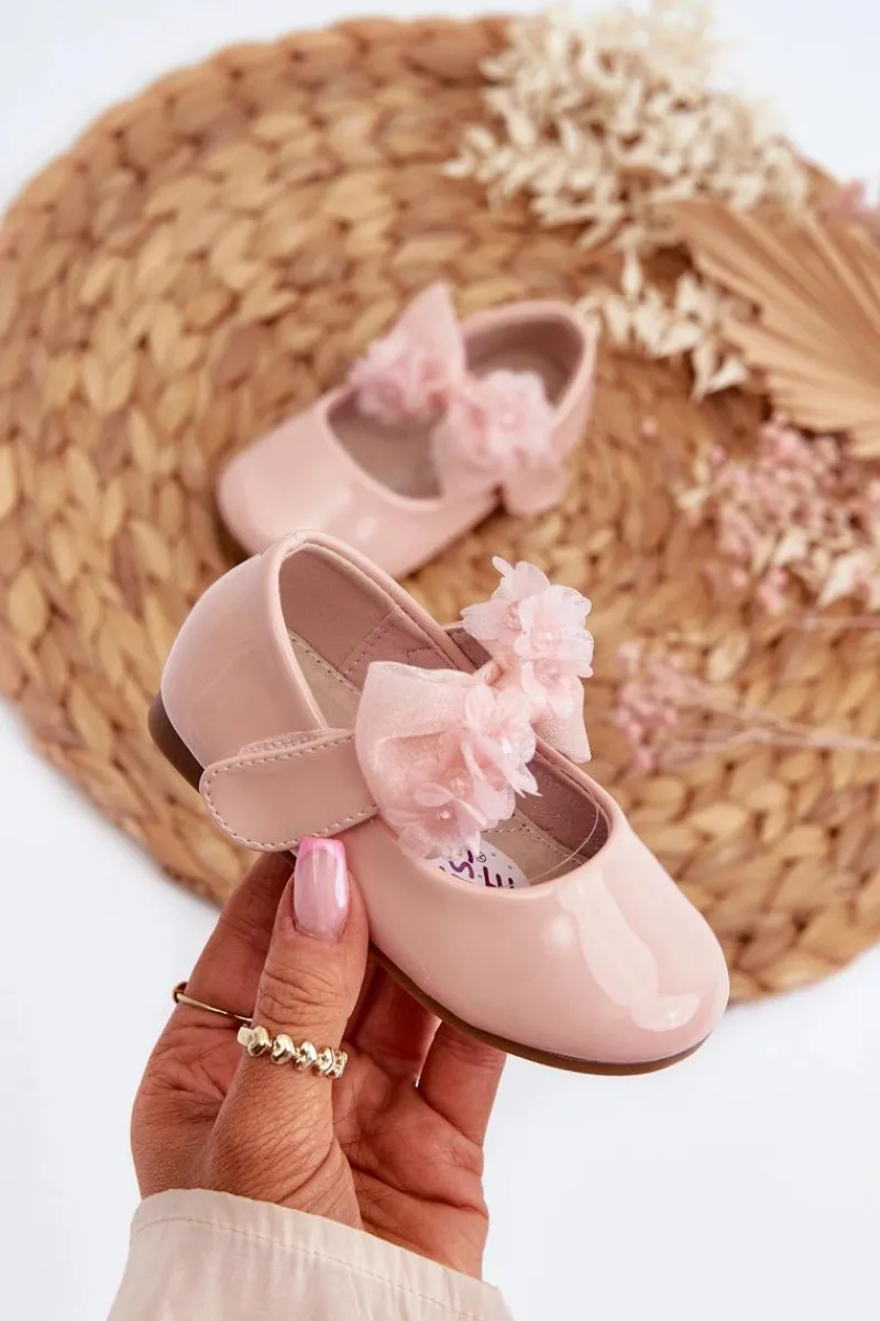 Hot Evento Lakierowane Balerinki Dziecięce Na Rzep Z Kokardą Różowe Olessa