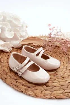 New Boto Lakierowane Balerinki Dziecięce Z Paseczkami Beżowe Margenis Beżowy