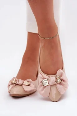 Clearance Boto Lakierowane Baleriny Z Kokardą I Złotą Broszką Beżowe Rivona
