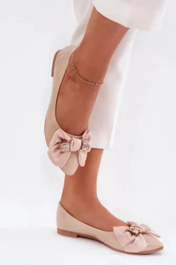 Clearance Boto Lakierowane Baleriny Z Kokardą I Złotą Broszką Beżowe Rivona