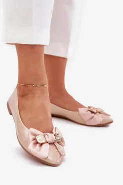 Clearance Boto Lakierowane Baleriny Z Kokardą I Złotą Broszką Beżowe Rivona