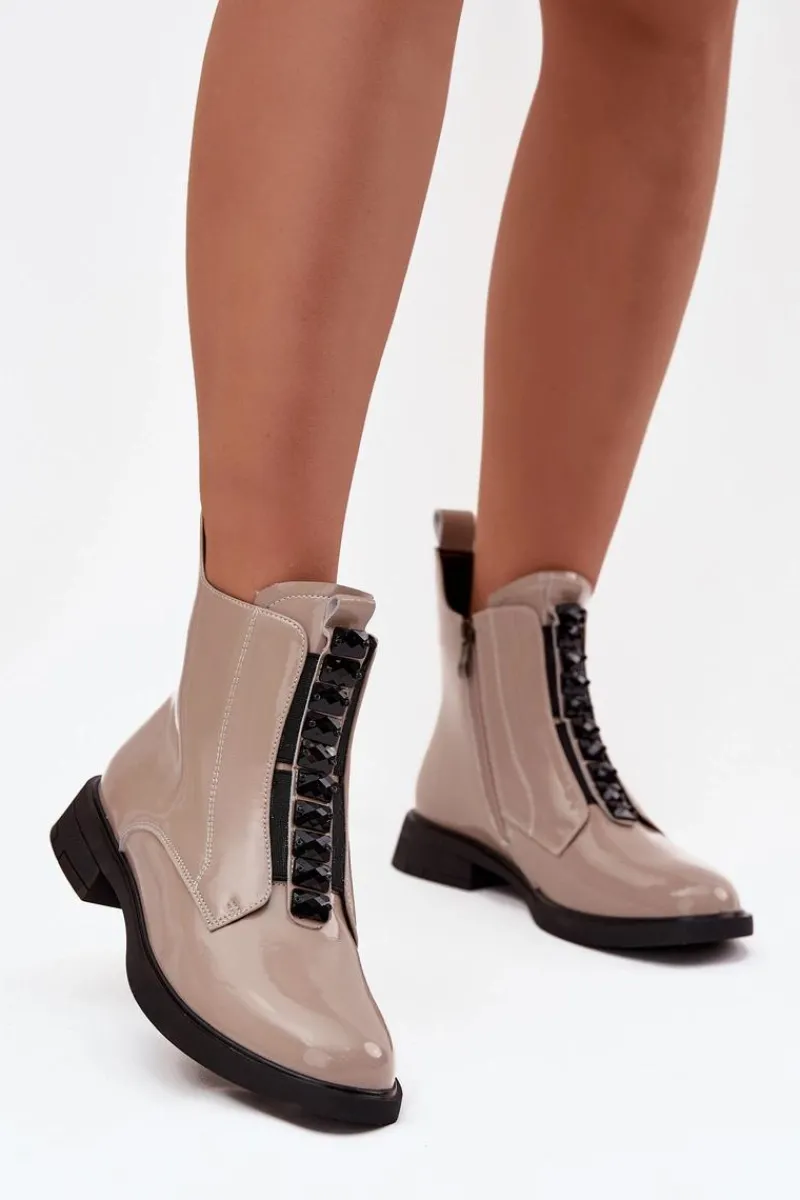 Clearance Lakierowane Botki Damskie Z Naturalnej Skóry MR52-108 Beżowe Damskie Botki Skórzane|Botki Płaskie