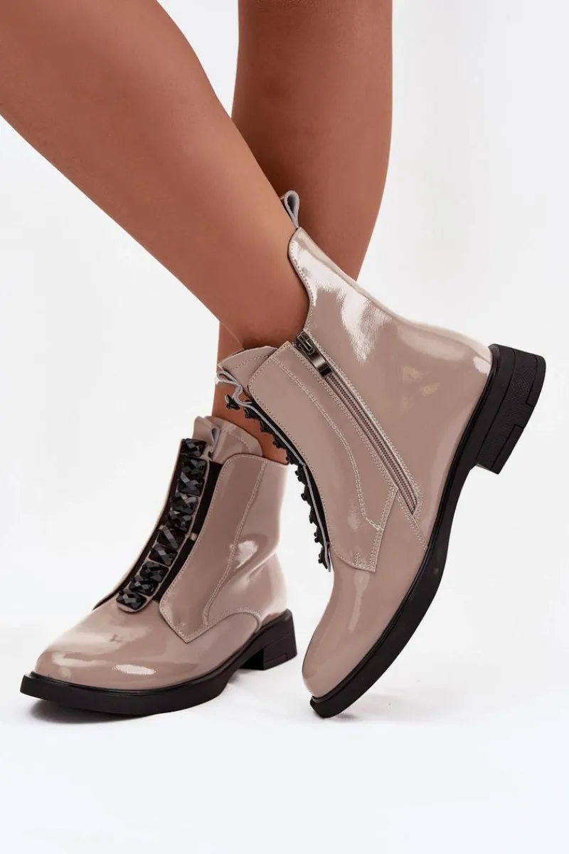 Clearance Lakierowane Botki Damskie Z Naturalnej Skóry MR52-108 Beżowe Damskie Botki Skórzane|Botki Płaskie