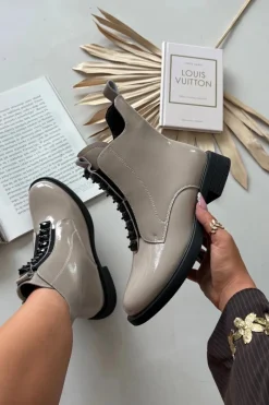 Clearance Lakierowane Botki Damskie Z Naturalnej Skóry MR52-108 Beżowe Damskie Botki Skórzane|Botki Płaskie