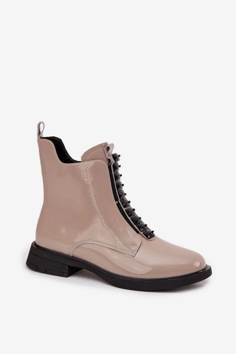 Clearance Lakierowane Botki Damskie Z Naturalnej Skóry MR52-108 Beżowe Damskie Botki Skórzane|Botki Płaskie