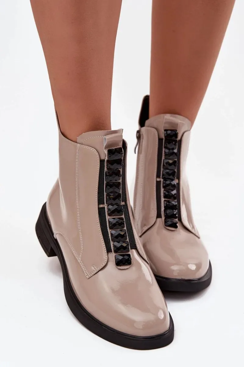 Clearance Lakierowane Botki Damskie Z Naturalnej Skóry MR52-108 Beżowe Damskie Botki Skórzane|Botki Płaskie