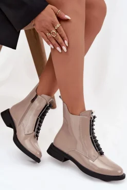 Clearance Lakierowane Botki Damskie Z Naturalnej Skóry MR52-108 Beżowe Damskie Botki Skórzane|Botki Płaskie