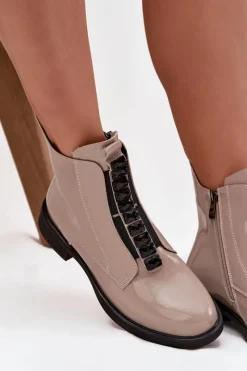 Clearance Lakierowane Botki Damskie Z Naturalnej Skóry MR52-108 Beżowe Damskie Botki Skórzane|Botki Płaskie