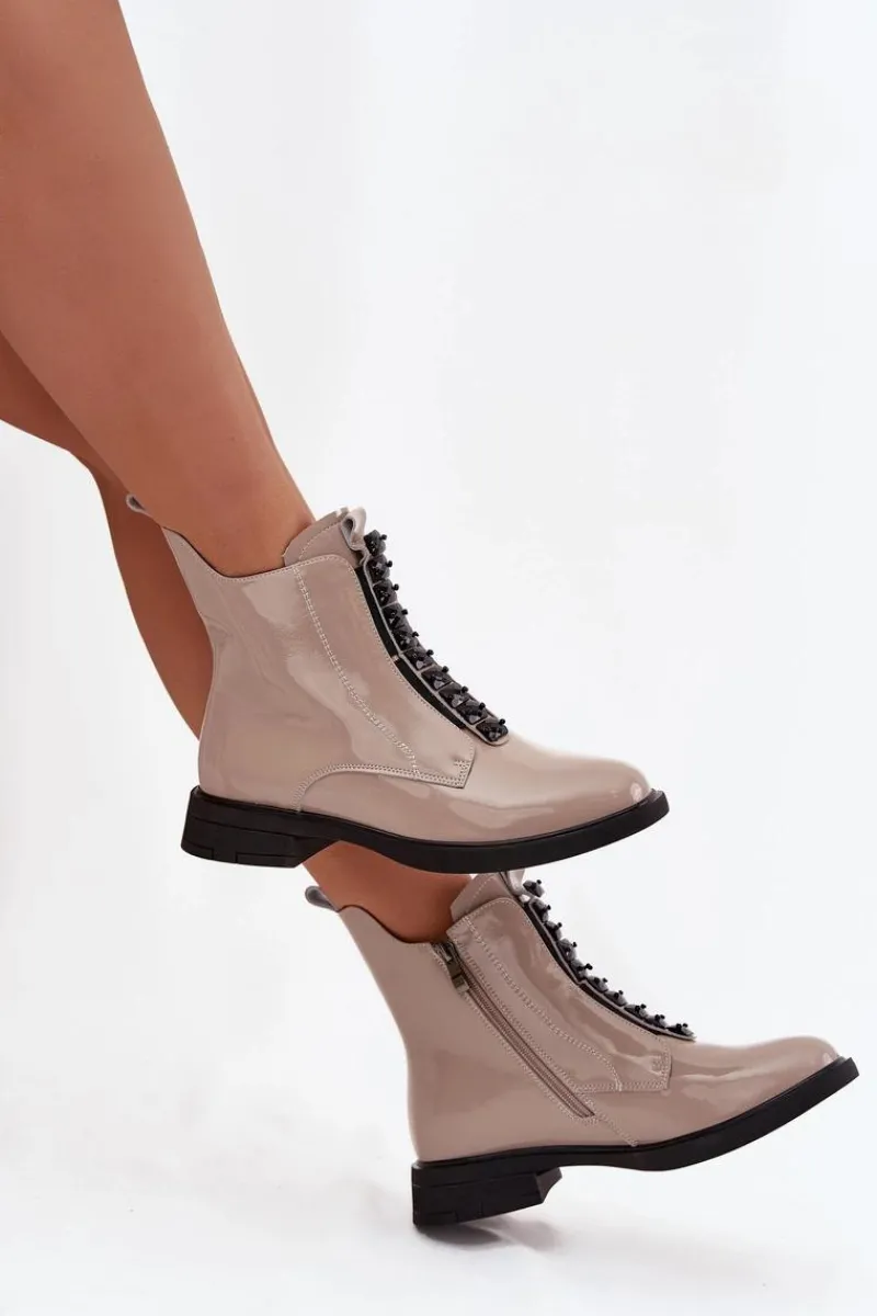Clearance Lakierowane Botki Damskie Z Naturalnej Skóry MR52-108 Beżowe Damskie Botki Skórzane|Botki Płaskie