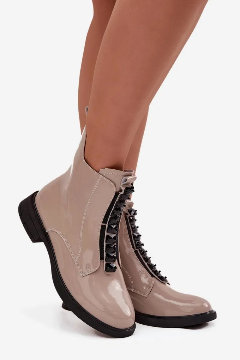 Clearance Lakierowane Botki Damskie Z Naturalnej Skóry MR52-108 Beżowe Damskie Botki Skórzane|Botki Płaskie