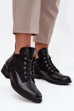 New Lakierowane Botki Damskie Z Ozdobnym Tłoczeniem Ocieplane Vinceza 16477 Czarne Damskie Botki Ocieplane|Botki Sznurowane