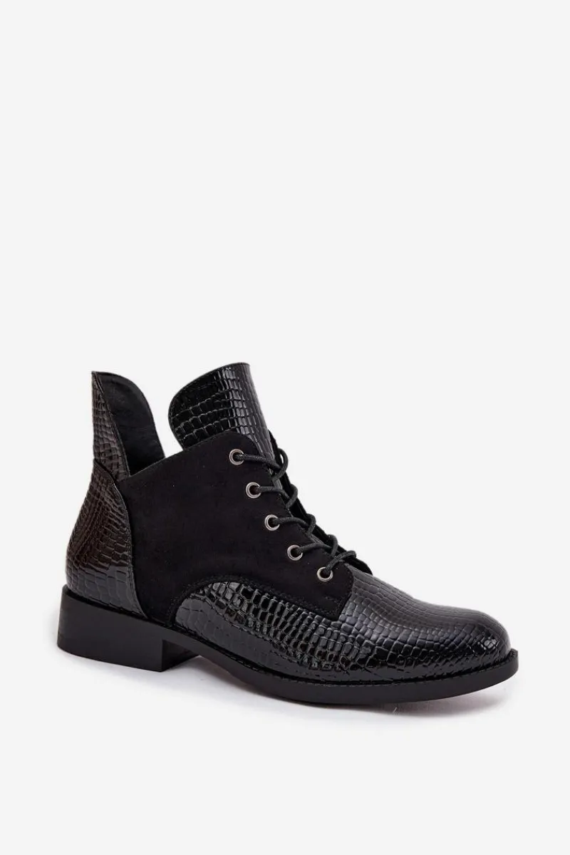 New Lakierowane Botki Damskie Z Ozdobnym Tłoczeniem Ocieplane Vinceza 16477 Czarne Damskie Botki Ocieplane|Botki Sznurowane