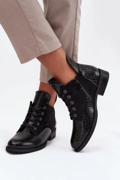 New Lakierowane Botki Damskie Z Ozdobnym Tłoczeniem Ocieplane Vinceza 16477 Czarne Damskie Botki Ocieplane|Botki Sznurowane