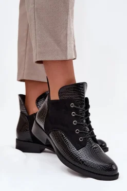 New Lakierowane Botki Damskie Z Ozdobnym Tłoczeniem Ocieplane Vinceza 16477 Czarne Damskie Botki Ocieplane|Botki Sznurowane