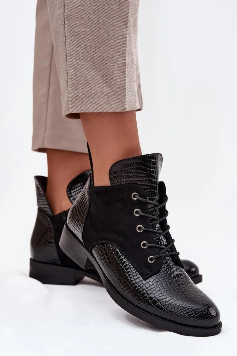 New Lakierowane Botki Damskie Z Ozdobnym Tłoczeniem Ocieplane Vinceza 16477 Czarne Damskie Botki Ocieplane|Botki Sznurowane