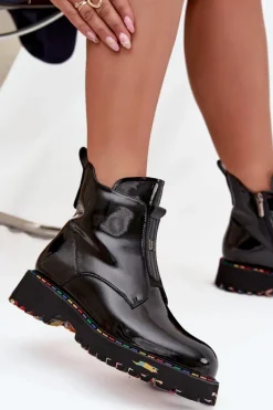 Discount Lakierowane Botki Damskie Z Naturalnej Skóry Ocieplane 57C0166 Czarne Damskie Botki Ocieplane|Botki Skórzane