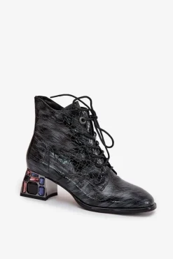 Clearance Artiker Lakierowane Botki Damskie Z Naturalnej Skóry Na Obcasie Z Kryształkami 57C0132 Szare Szary