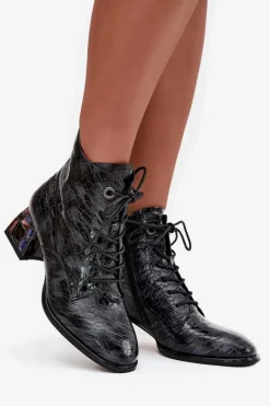 Clearance Artiker Lakierowane Botki Damskie Z Naturalnej Skóry Na Obcasie Z Kryształkami 57C0132 Szare Szary