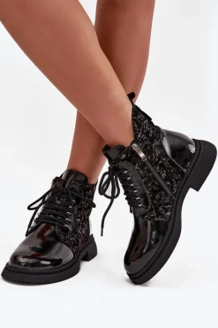 New Lakierowane Botki Damskie Ocieplane D&A CR52-613 Czarne Damskie Botki Ocieplane|Damskie Trapery