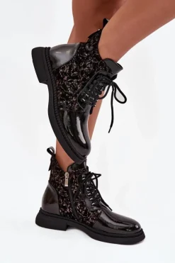 New Lakierowane Botki Damskie Ocieplane D&A CR52-613 Czarne Damskie Botki Ocieplane|Damskie Trapery