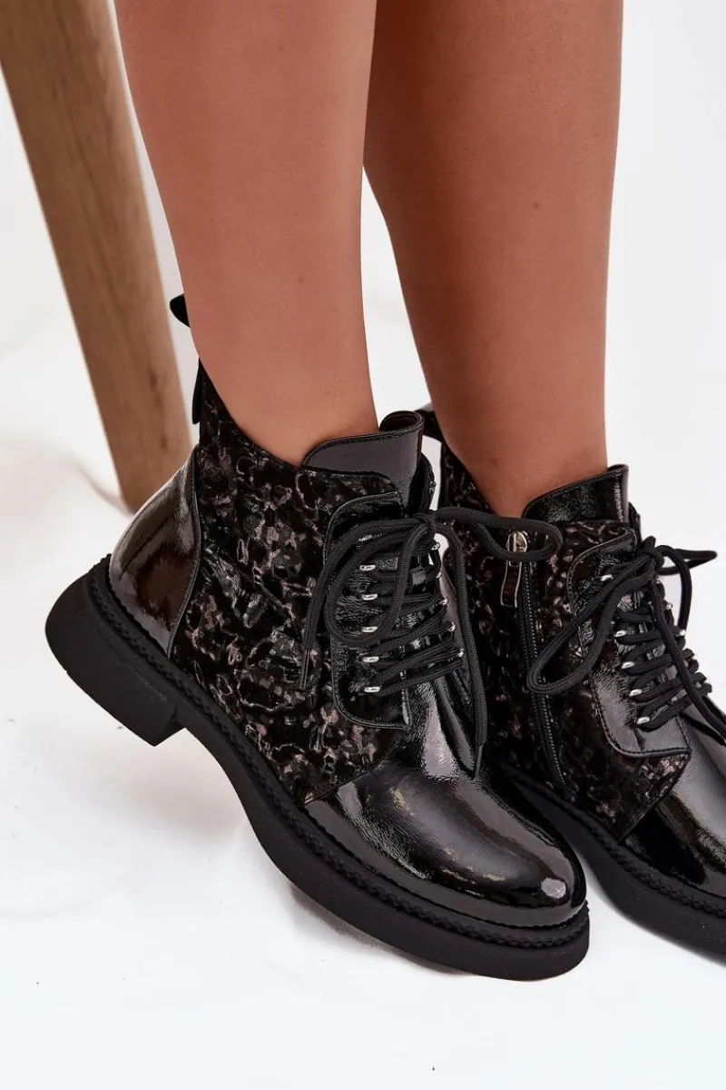 New Lakierowane Botki Damskie Ocieplane D&A CR52-613 Czarne Damskie Botki Ocieplane|Damskie Trapery