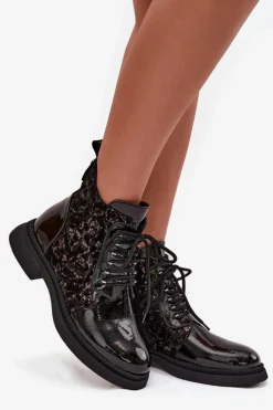 New Lakierowane Botki Damskie Ocieplane D&A CR52-613 Czarne Damskie Botki Ocieplane|Damskie Trapery