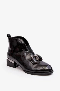 New Lakierowane Botki Damskie Na Niskim Obcasie Ocieplane Czarne Loos Damskie Czarne Botki|Botki Na Obcasie