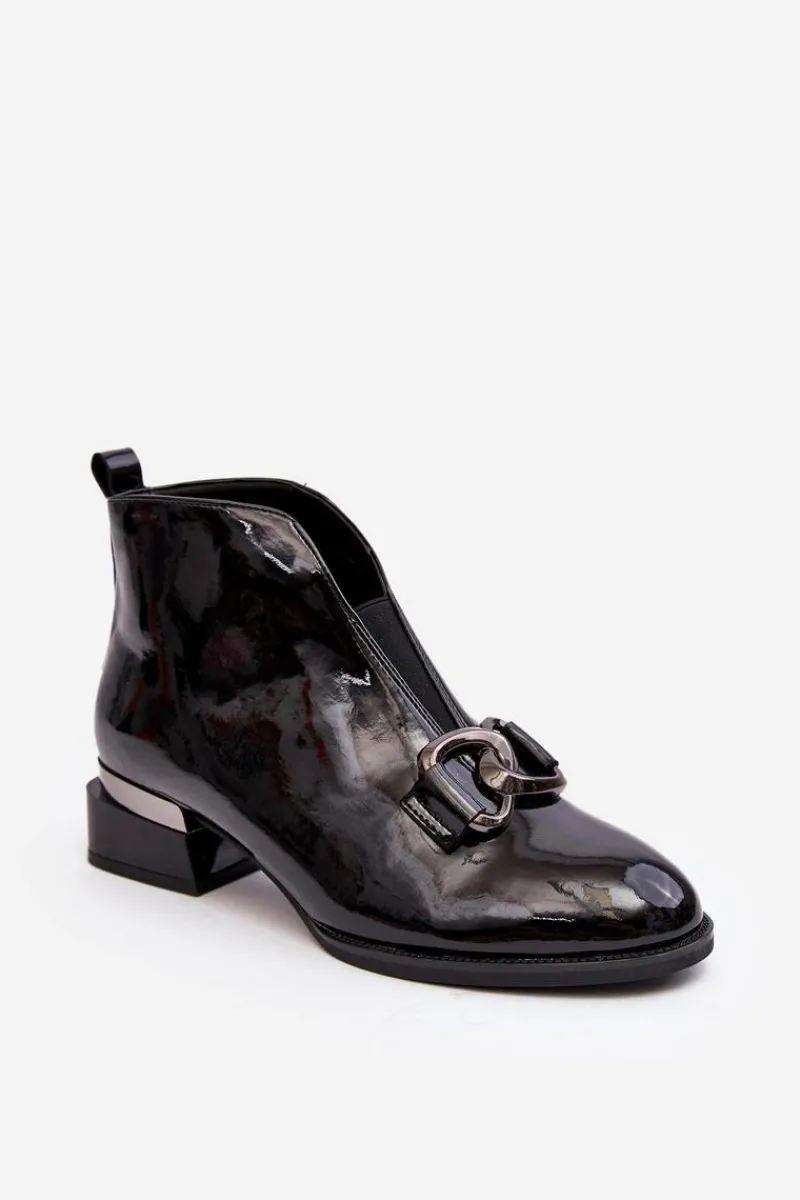 New Lakierowane Botki Damskie Na Niskim Obcasie Ocieplane Czarne Loos Damskie Czarne Botki|Botki Na Obcasie