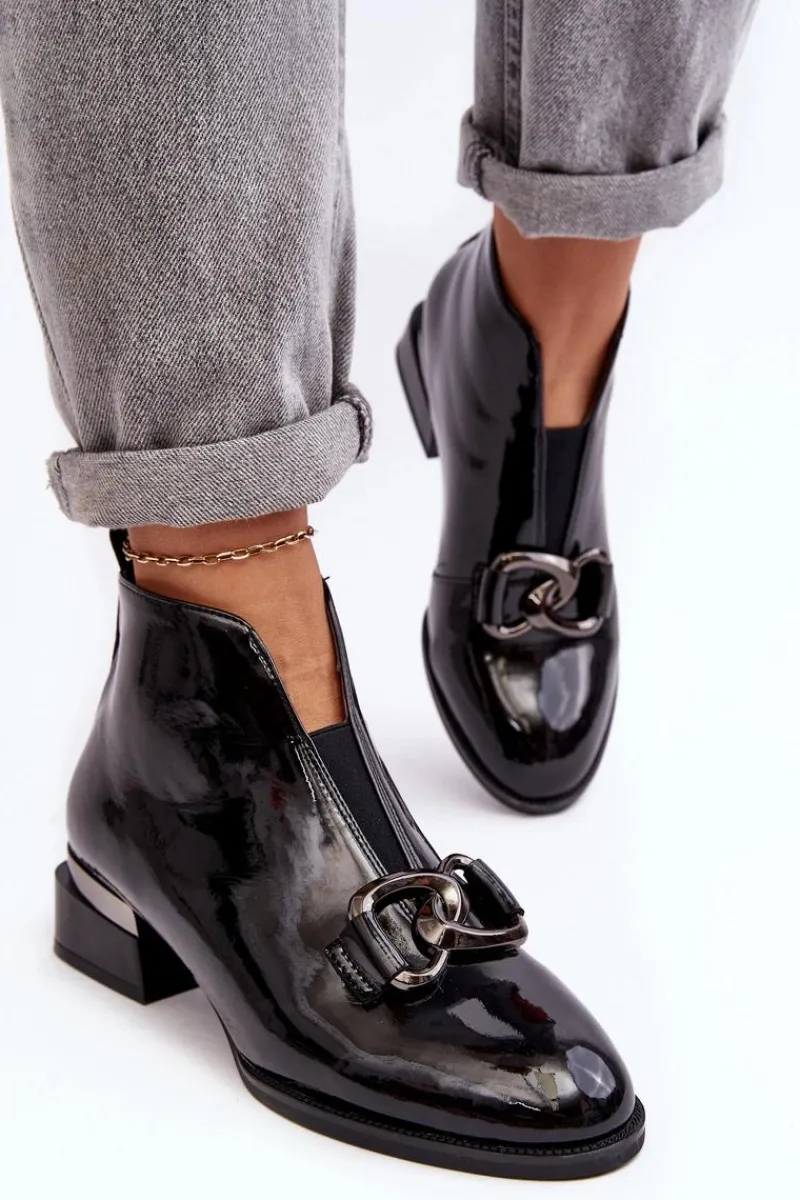 New Lakierowane Botki Damskie Na Niskim Obcasie Ocieplane Czarne Loos Damskie Czarne Botki|Botki Na Obcasie