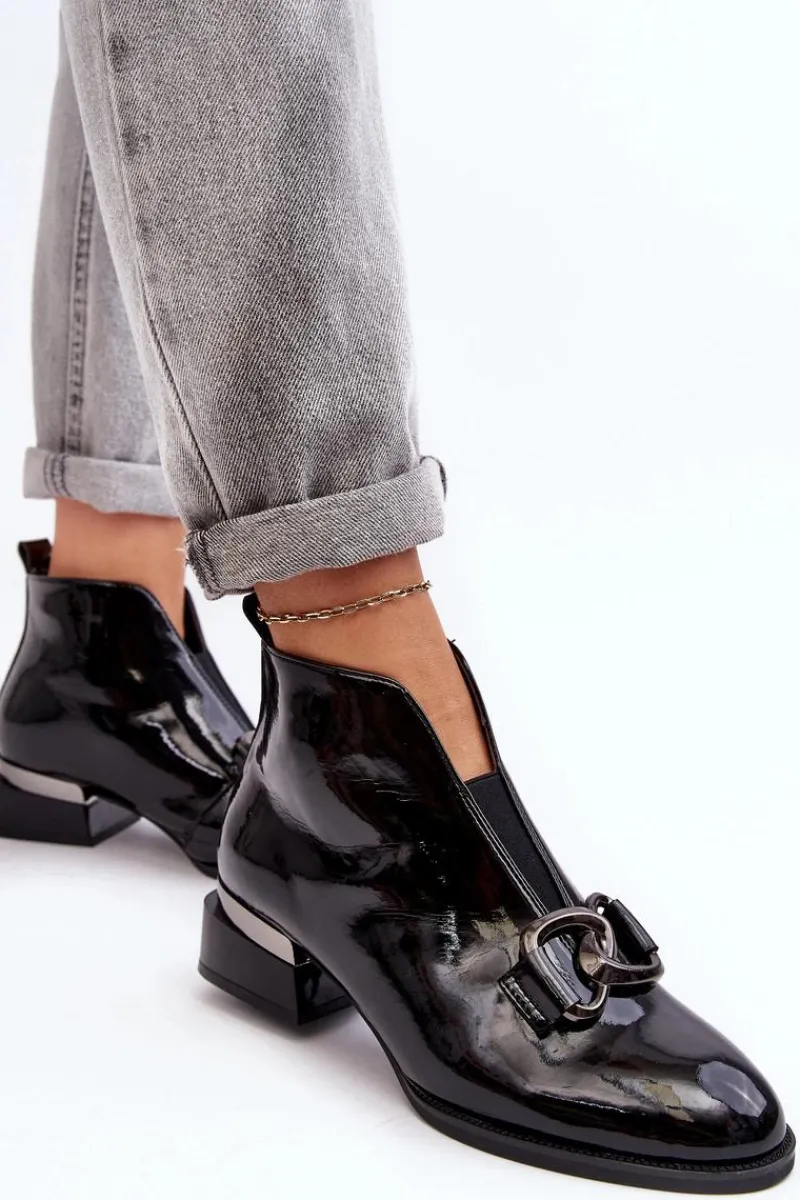 New Lakierowane Botki Damskie Na Niskim Obcasie Ocieplane Czarne Loos Damskie Czarne Botki|Botki Na Obcasie