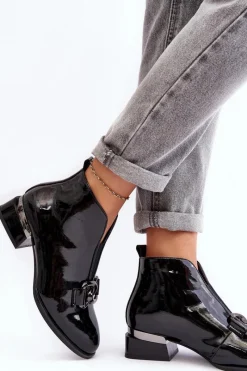 New Lakierowane Botki Damskie Na Niskim Obcasie Ocieplane Czarne Loos Damskie Czarne Botki|Botki Na Obcasie
