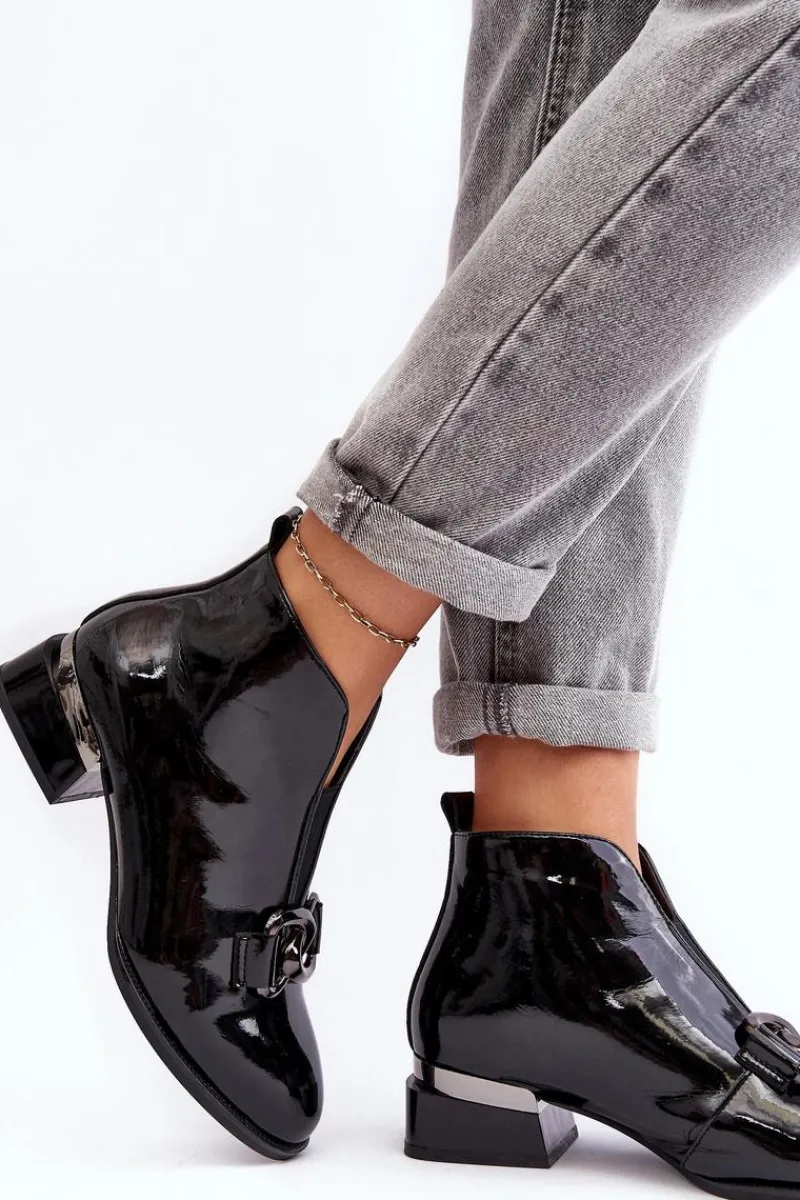 New Lakierowane Botki Damskie Na Niskim Obcasie Ocieplane Czarne Loos Damskie Czarne Botki|Botki Na Obcasie