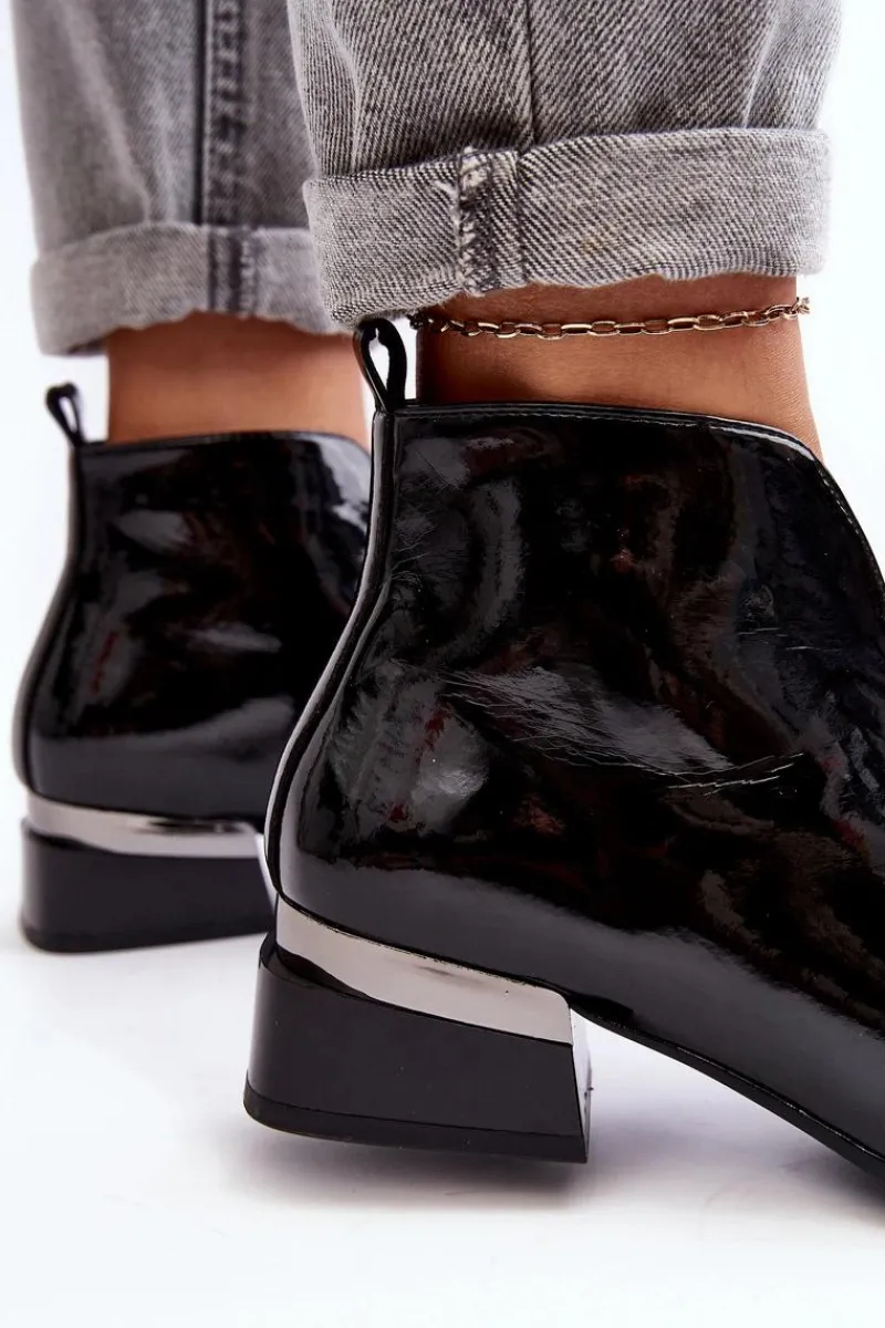 New Lakierowane Botki Damskie Na Niskim Obcasie Ocieplane Czarne Loos Damskie Czarne Botki|Botki Na Obcasie