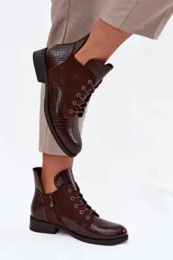 Buty damskie Vinceza Lakierowane Botki Damskie Z Ozdobnym Tłoczeniem Ocieplane Vinceza 16477 Brązowe