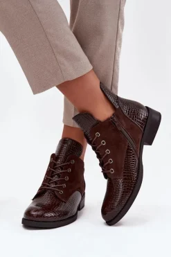 Buty damskie Vinceza Lakierowane Botki Damskie Z Ozdobnym Tłoczeniem Ocieplane Vinceza 16477 Brązowe