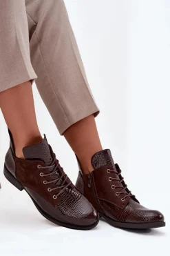 Buty damskie Vinceza Lakierowane Botki Damskie Z Ozdobnym Tłoczeniem Ocieplane Vinceza 16477 Brązowe