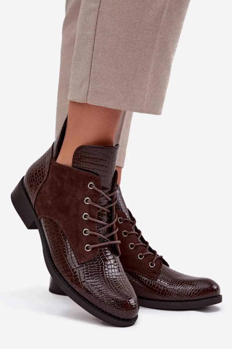 Buty damskie Vinceza Lakierowane Botki Damskie Z Ozdobnym Tłoczeniem Ocieplane Vinceza 16477 Brązowe