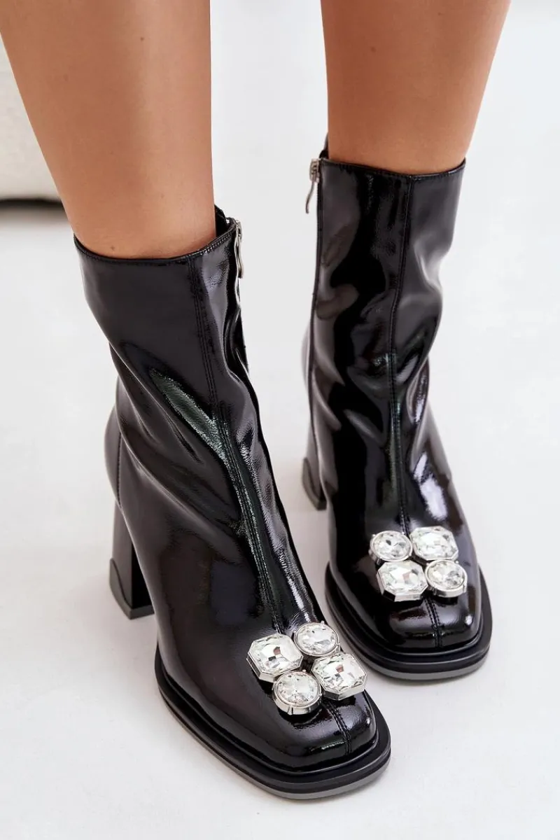 Outlet Lakierowane Botki Damskie Na Słupku Z Ozdobą D&A MR880-019 Czarne Damskie Botki Ocieplane|Botki Na Obcasie