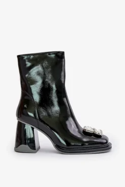 Outlet Lakierowane Botki Damskie Na Słupku Z Ozdobą D&A MR880-019 Czarne Damskie Botki Ocieplane|Botki Na Obcasie