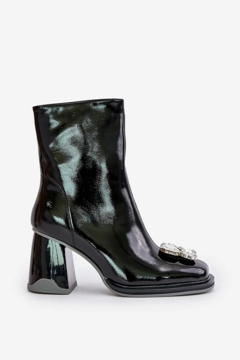 Outlet Lakierowane Botki Damskie Na Słupku Z Ozdobą D&A MR880-019 Czarne Damskie Botki Ocieplane|Botki Na Obcasie